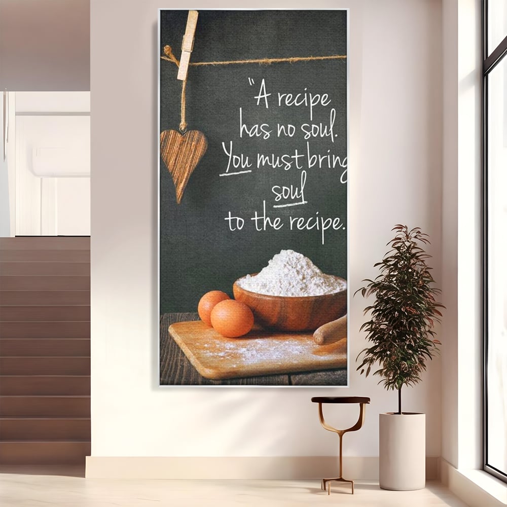 Tablou canvas cu tablou canvas cu citat culinar si faina, in rama de aluminiu argintiu
